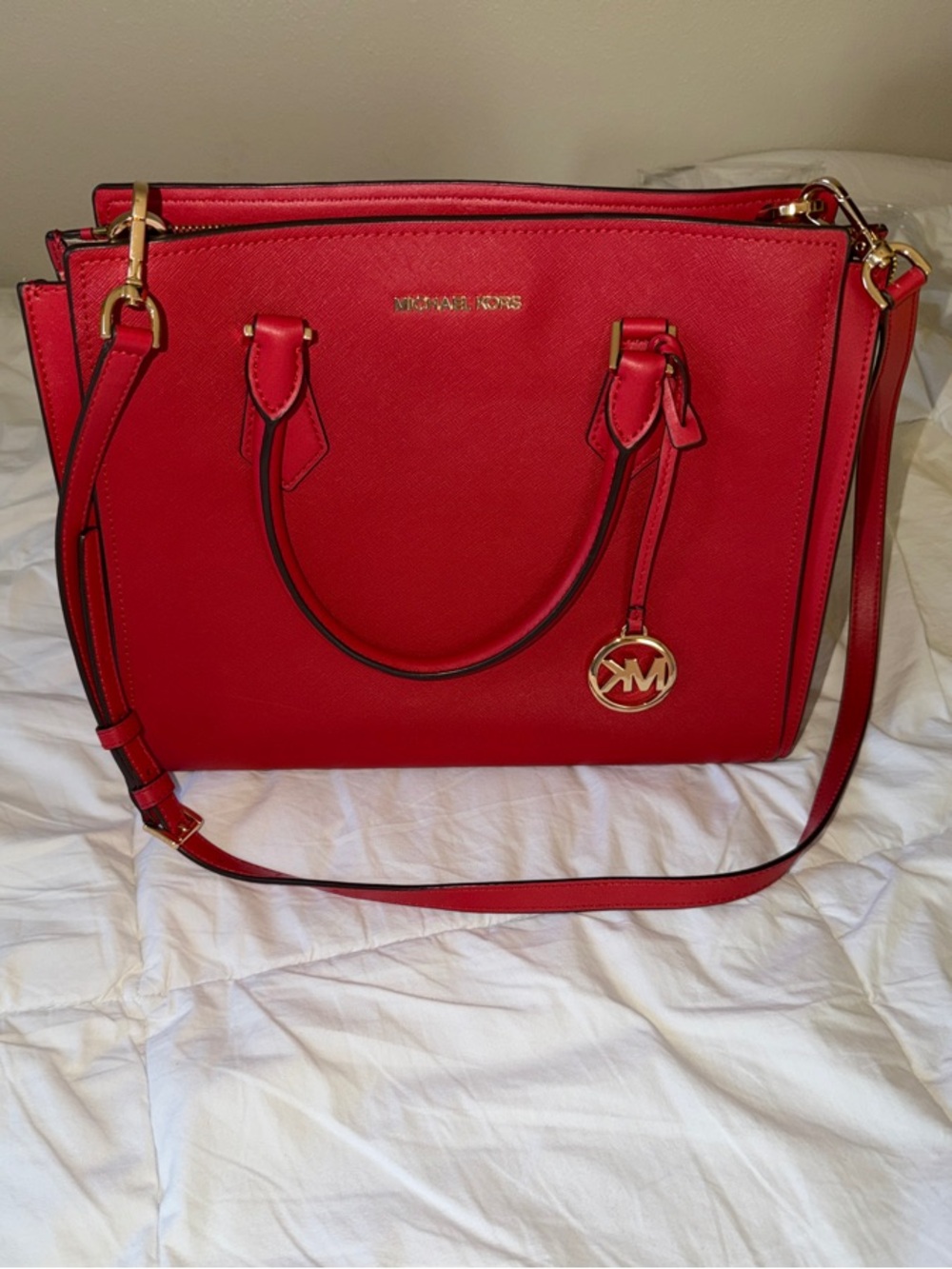 Michael Kors Red Saffiano Satchel with Gold Charm
